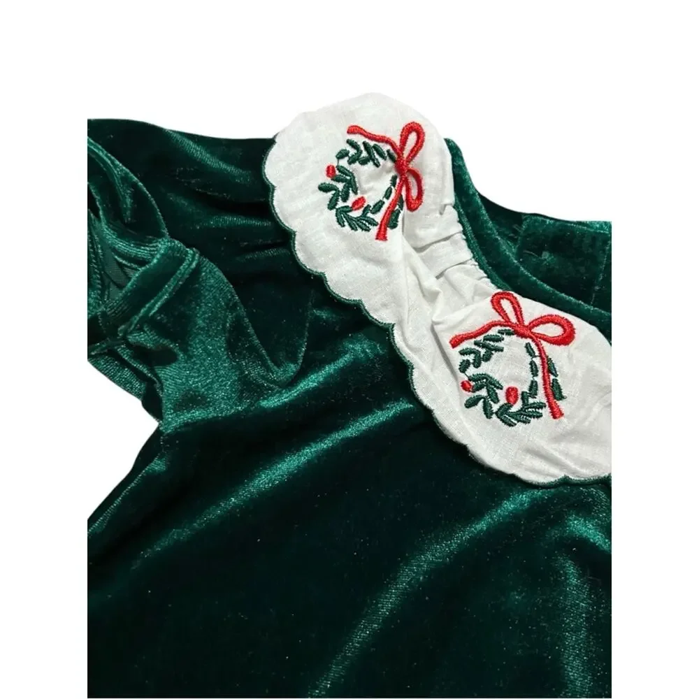 Southern Smocked Company Baby Girls Emerald Green Velvet Christmas Romper 9M NWT